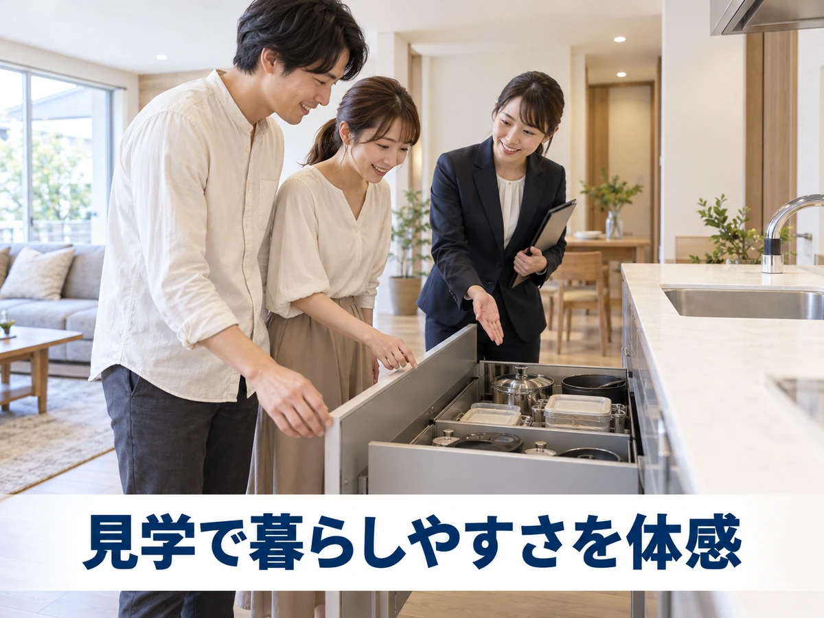 新築住宅のキッチン収納を開けて担当者と確認する夫婦。「見学で暮らしやすさを体感」のコピー。