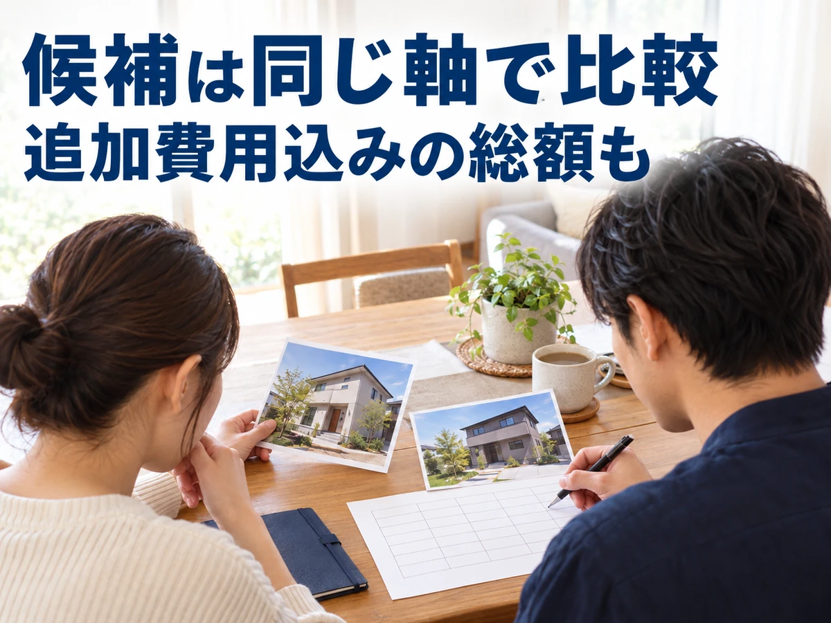 夫婦が土地の資料と比較表を確認している。候補を同じ軸で比べ、追加費用込みの総額も確認する要点。