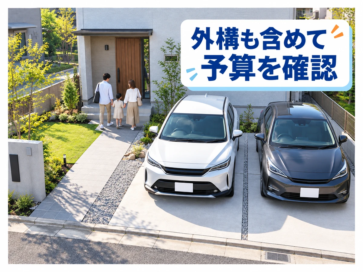 車二台の駐車場、庭、玄関アプローチを備えた住宅。「外構も含めて予算を確認」のコピー。