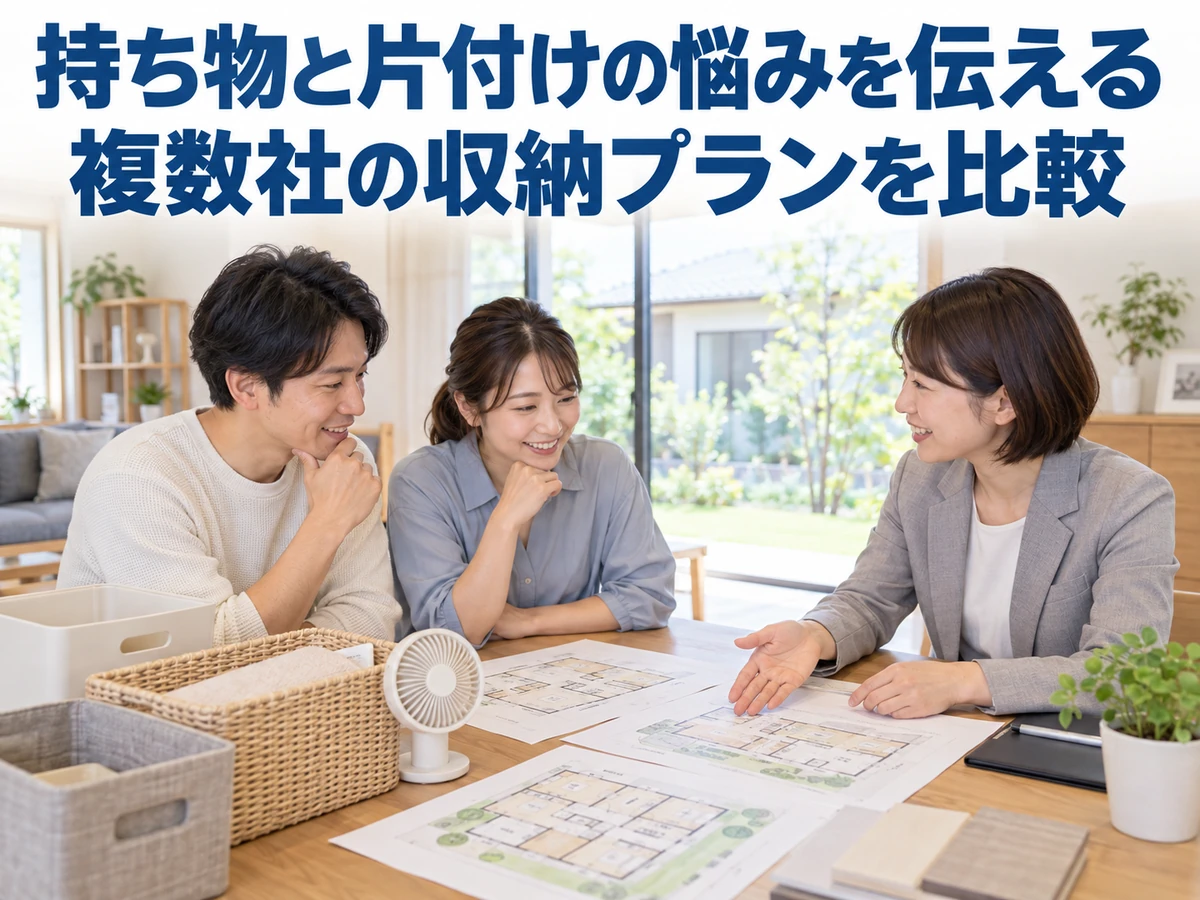 かごや季節用品を並べ、複数の間取り図を見ながら収納の悩みを相談する夫婦。