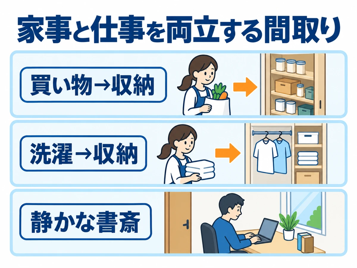 買い物から収納、洗濯から収納への動線と静かな書斎を示し、家事と仕事を両立する間取りを考えるイラスト。