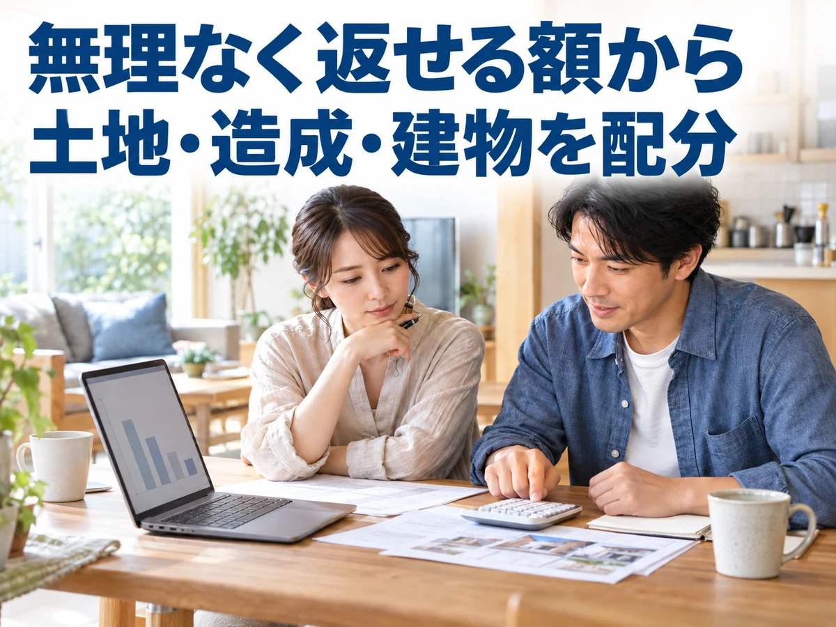 夫婦が電卓とパソコンで家計を確認している。無理なく返せる額から土地・造成・建物の予算を配分する要点。