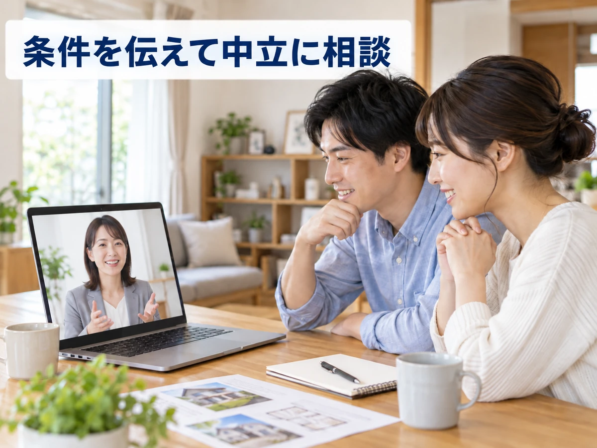自宅のパソコンで住宅相談員とオンライン面談をする夫婦。「条件を伝えて中立に相談」のコピー。