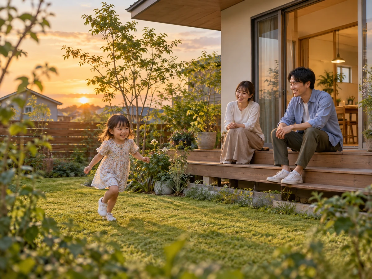 夕方の住宅のウッドデッキで、子どもを見守りながら過ごす夫婦。
