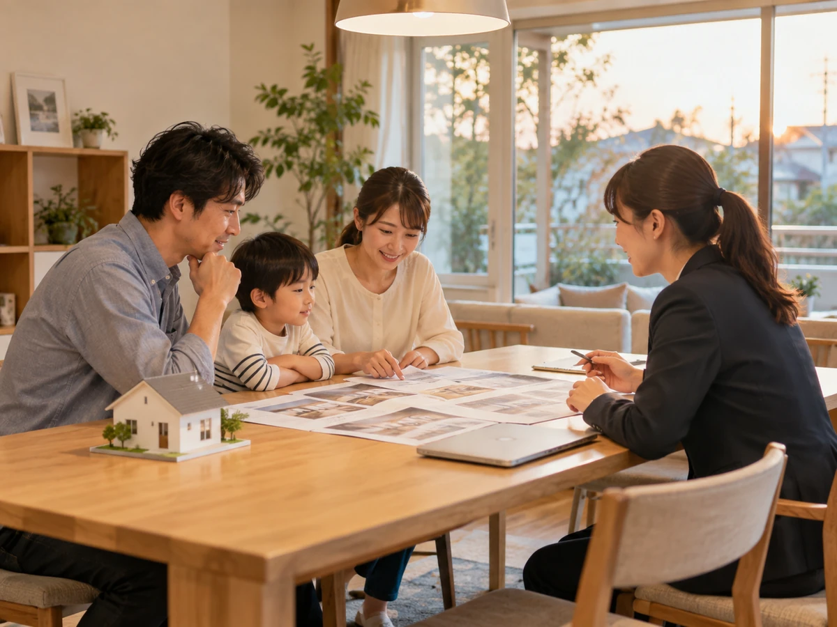 住宅模型と資料を囲み、子ども連れの夫婦が相談員と住まい選びについて話す様子。