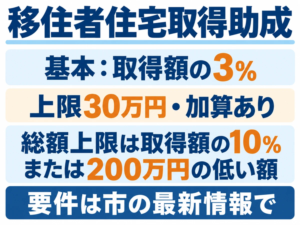 移住者住宅取得助成の要点。基本は住宅取得額の3％で上限30万円、加算あり。総額上限は取得額の10％または200万円の低い額で、最新要件を市で確認する。