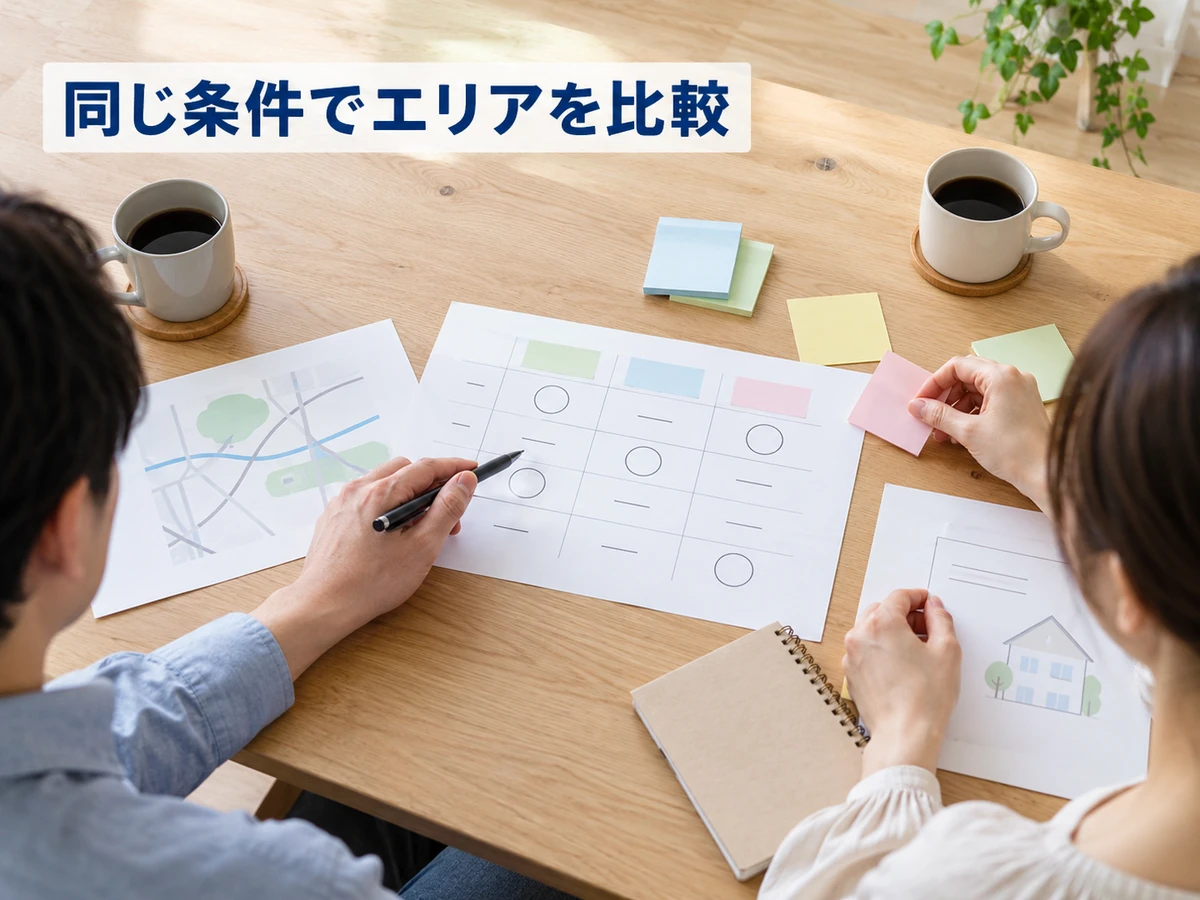 地図と比較表を広げて検討する二人の手元。「同じ条件でエリアを比較」のコピー。