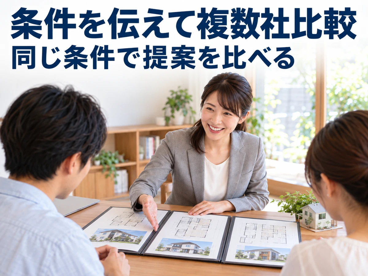 夫婦がアドバイザーと複数の住宅プランを見比べている。同じ条件で各社の提案を比較する要点。