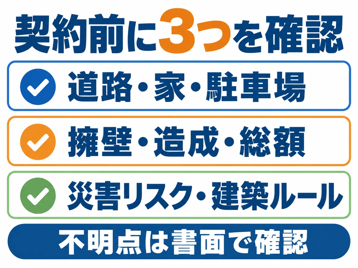 土地契約前の確認事項を、道路・家・駐車場、擁壁・造成・総額、災害リスク・建築ルールの3群に整理。不明点は書面で確認する。