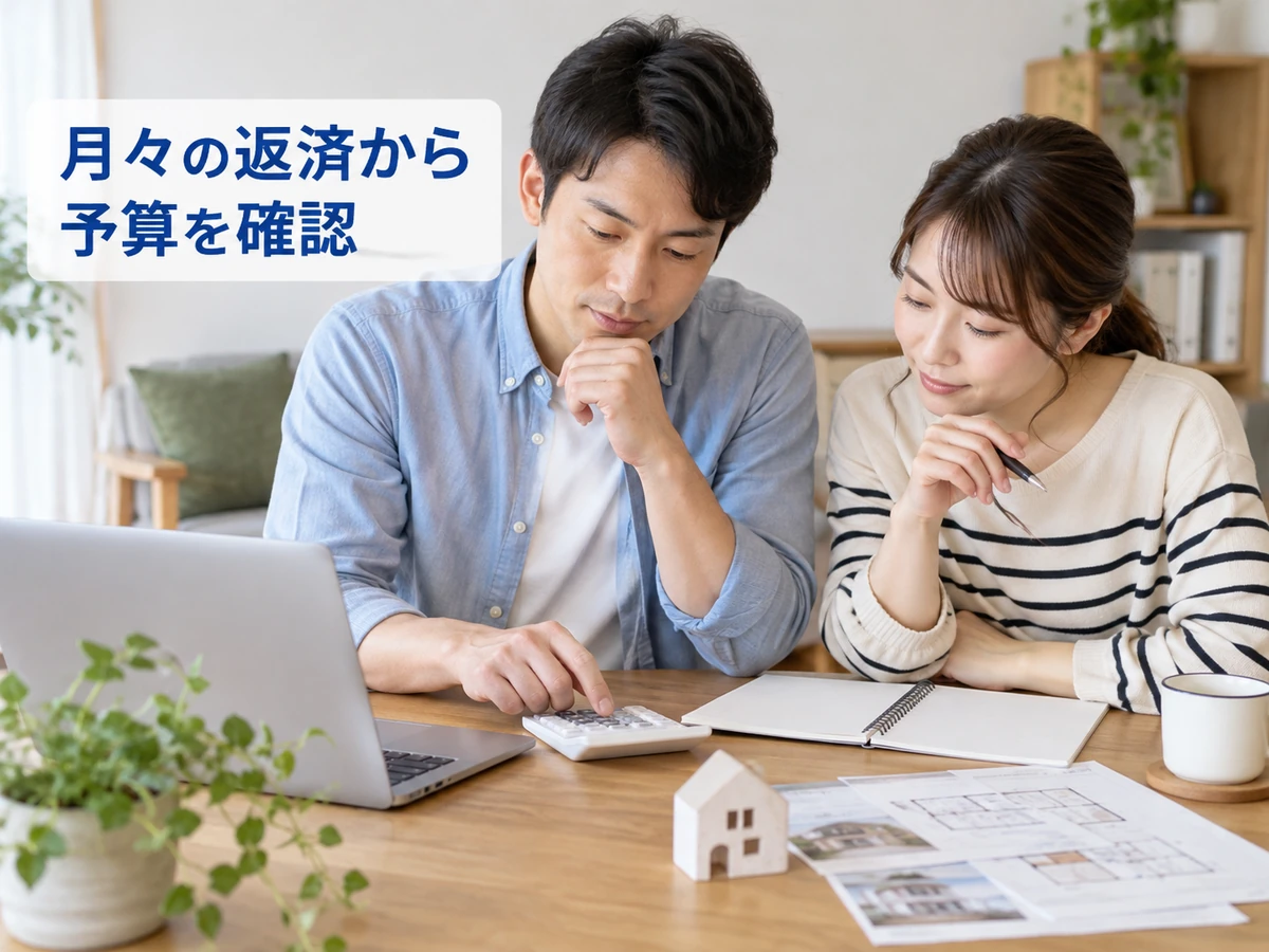 パソコンと電卓、住宅資料を使って予算を確認する夫婦。「月々の返済から予算を確認」のコピー。