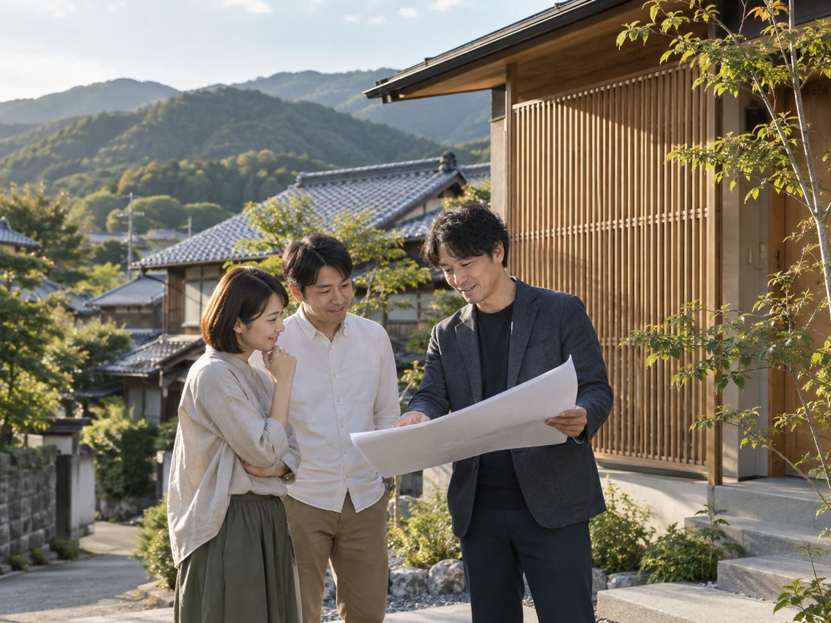 木の格子がある住宅の前で、夫婦と設計担当者が図面を確認している。