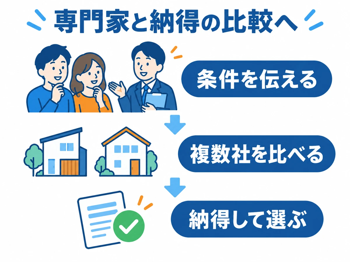 専門家に条件を伝え、複数社を比べ、納得して選ぶという住宅相談の三段階の手順。