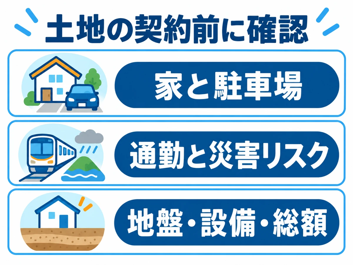 土地の契約前に、家と駐車場、通勤と災害リスク、地盤・設備・総額を確認するチェック項目。