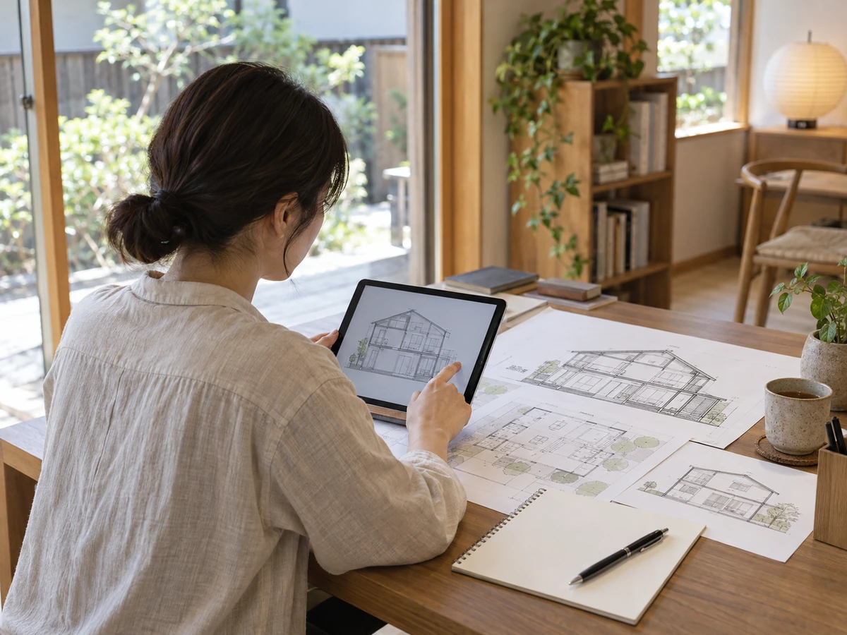 タブレットと住宅の断面図・間取り図を見比べ、収納計画の資料を確認する女性。
