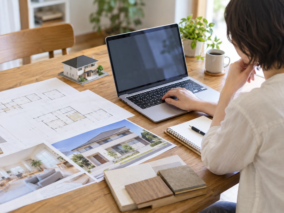 住宅の図面と資料を広げ、ノートパソコンで情報を確認する人の手元。