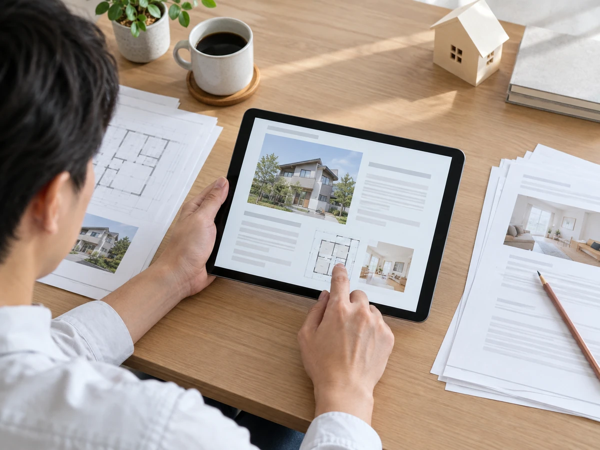 タブレットと印刷した資料を見比べ、住宅に関する情報を確認している。