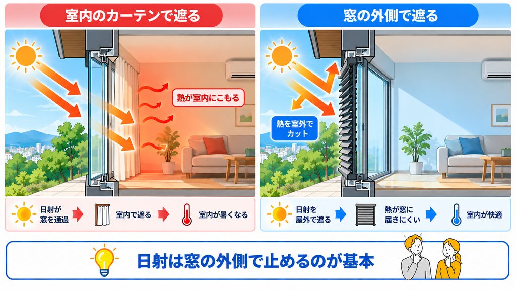 どちらを選んでも日射は窓の外側で止めるのが基本という共通の結論