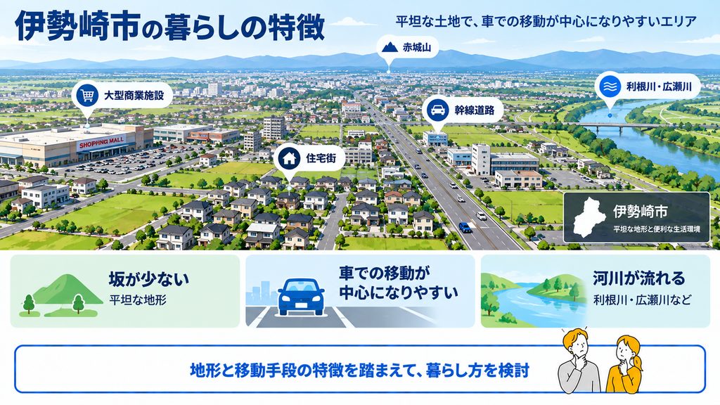 伊勢崎市は平坦で車移動が中心という前提を押さえる