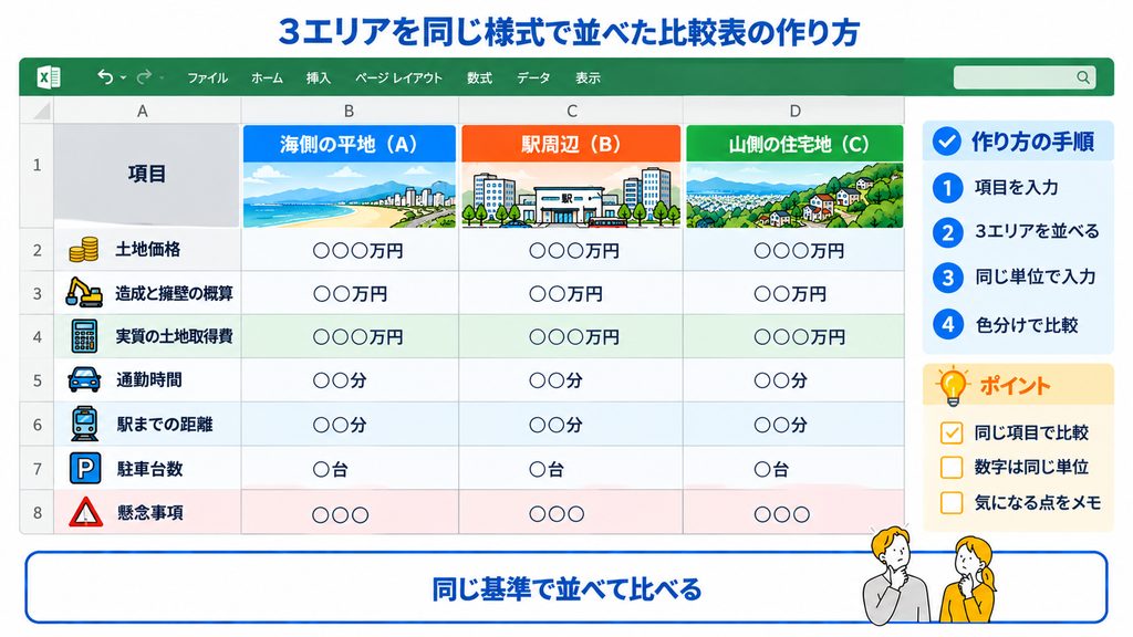 3エリアを同じ様式で並べた比較表の作り方