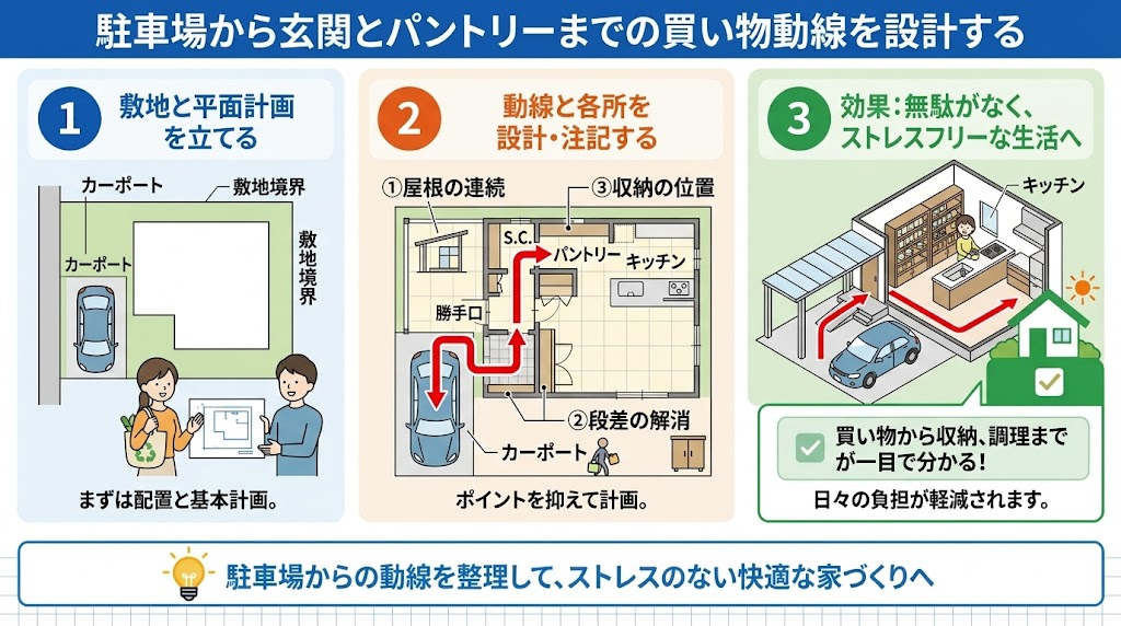 駐車場から玄関とパントリーまでの買い物動線を設計する