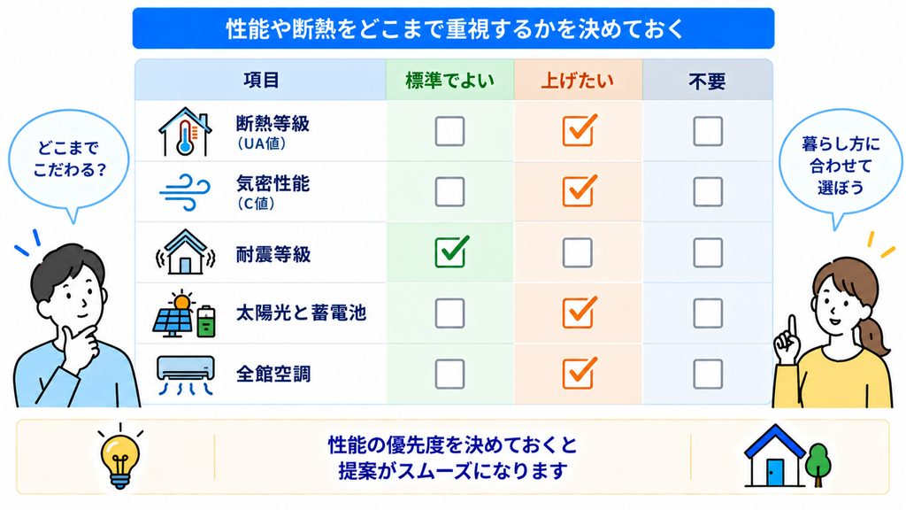 性能や断熱をどこまで重視するかを決めておく