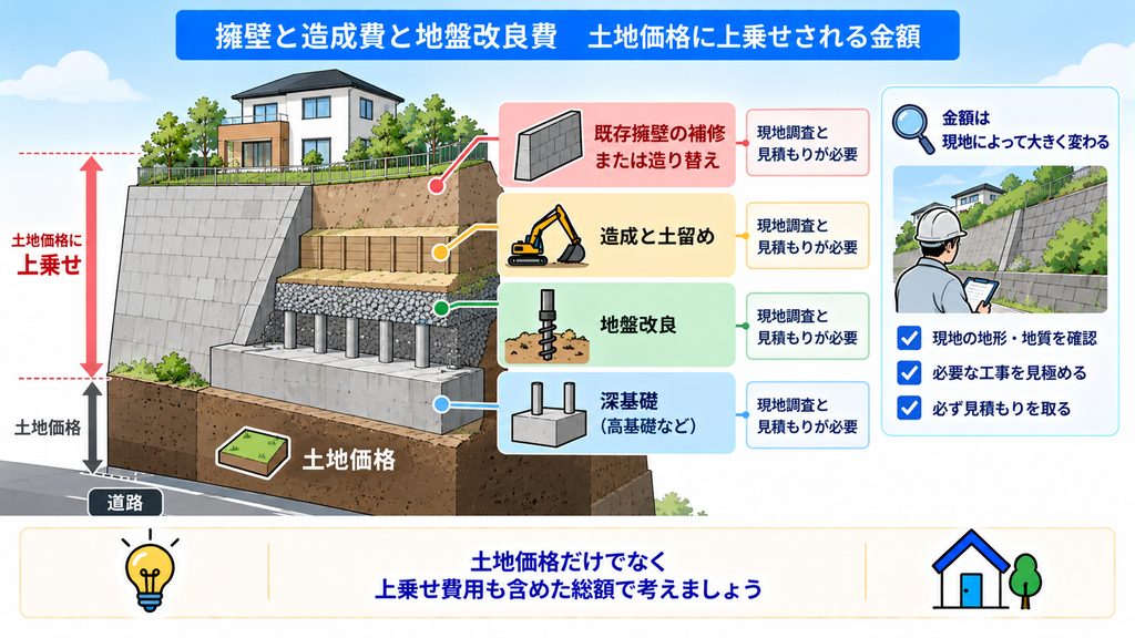 軸3 擁壁と造成費と地盤改良費 土地価格に上乗せされる金額