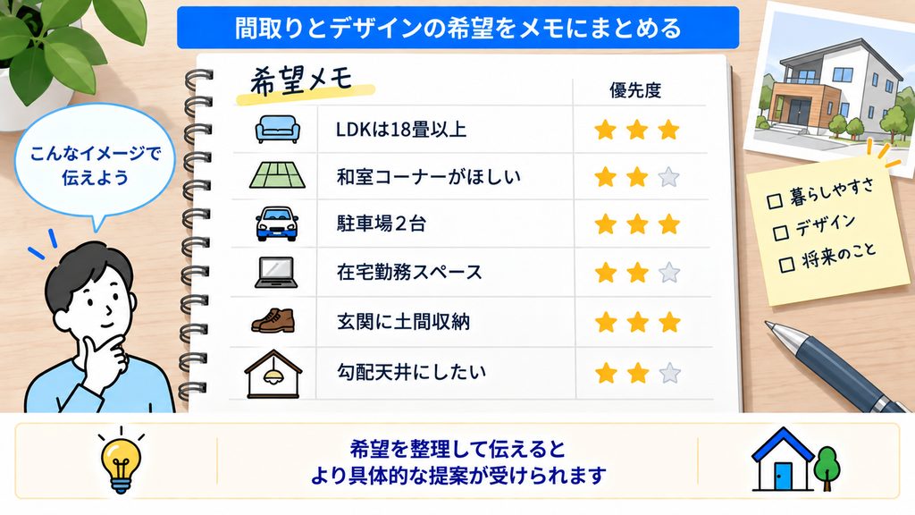 間取りとデザインの希望をメモにまとめる