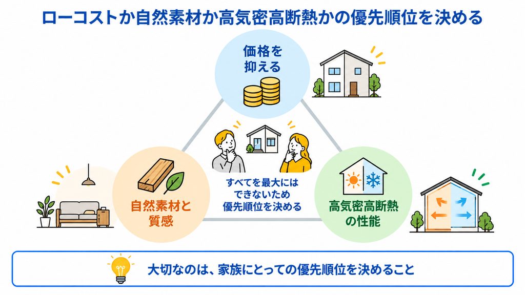 ローコストか自然素材か高気密高断熱かの優先順位を決める