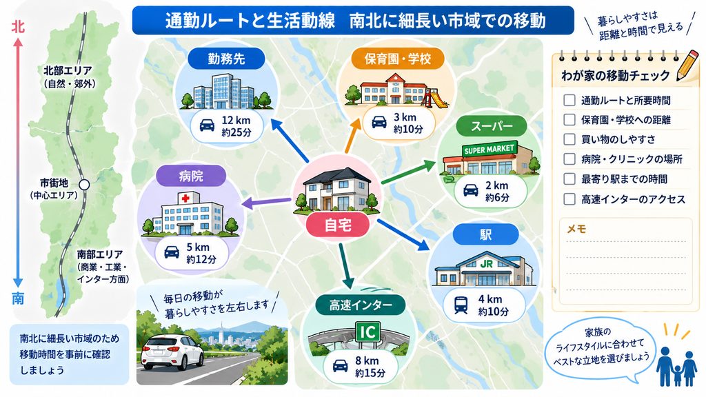 軸5 通勤ルートと生活動線 南北に細長い市域での移動