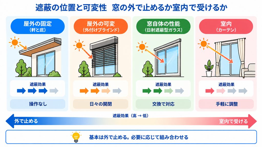 軸1 遮蔽の位置と可変性 窓の外で止めるか室内で受けるか