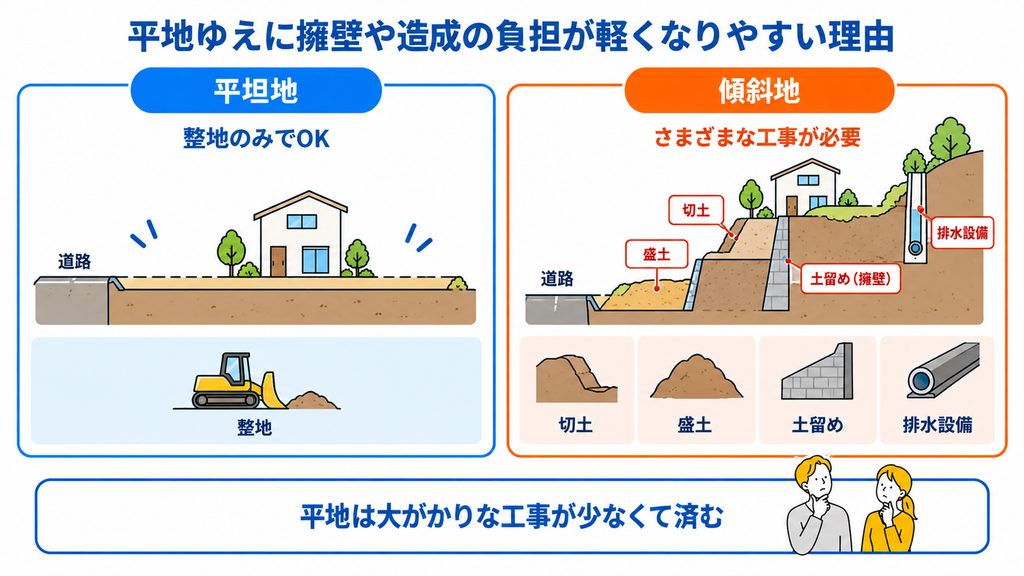 平地ゆえに擁壁や造成の負担が軽くなりやすい理由