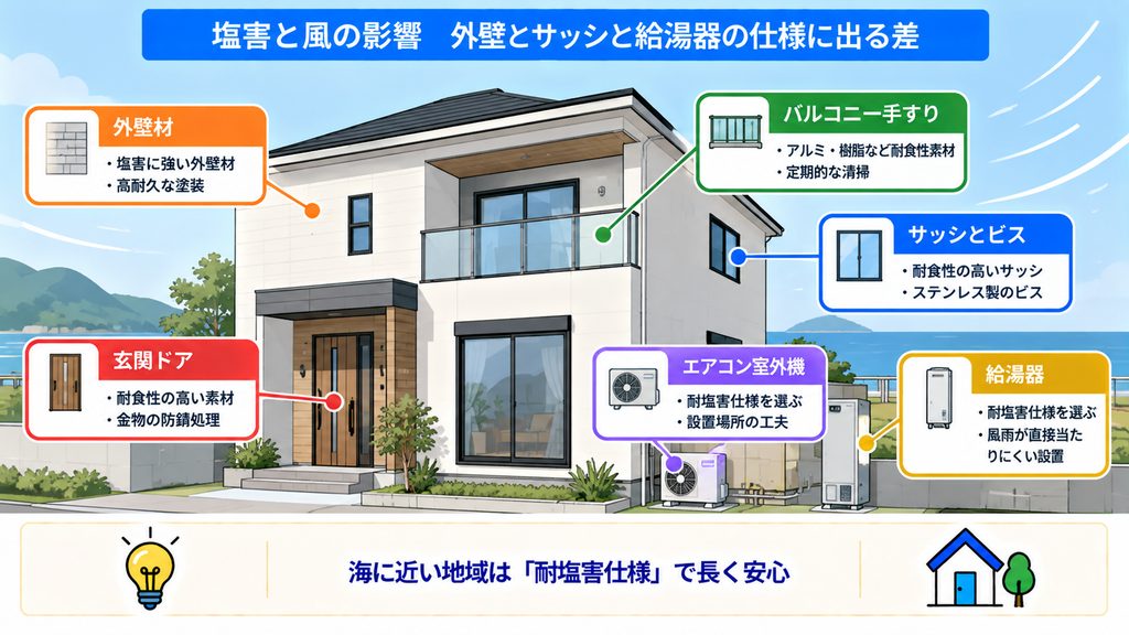 軸1 塩害と風の影響 外壁とサッシと給湯器の仕様に出る差