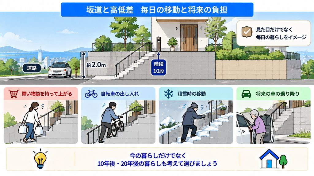 軸2 坂道と高低差 毎日の移動と将来の負担