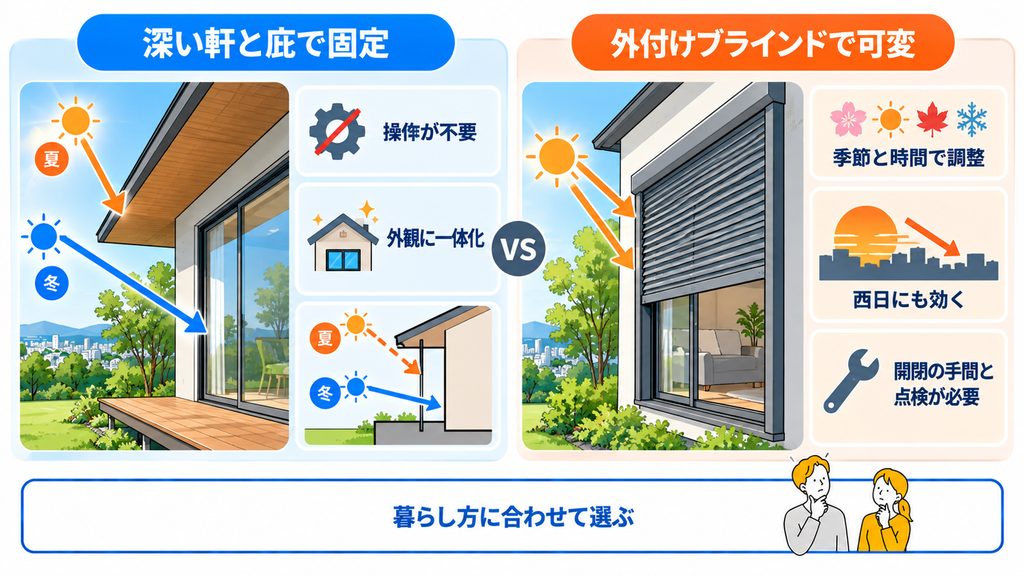 見た目と手間のかからなさを重視するなら深い軒や庇で固定する方針