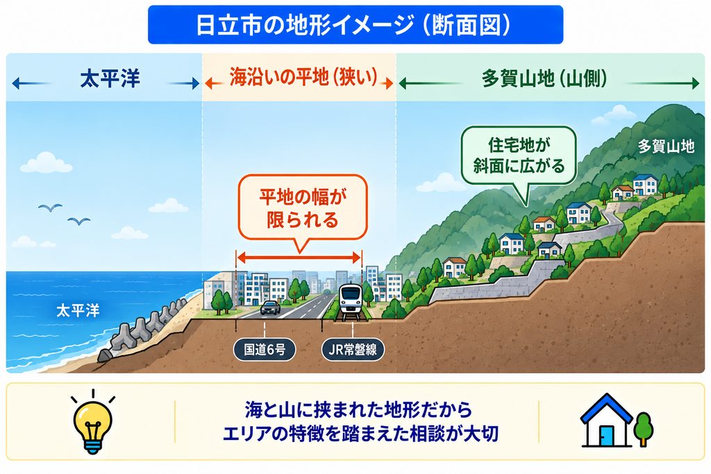 日立市は南北に細長く平地が限られるという前提を押さえる