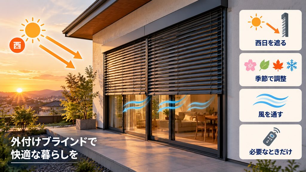西日や季節ごとの調整を重視するなら外付けブラインドで可変にする方針