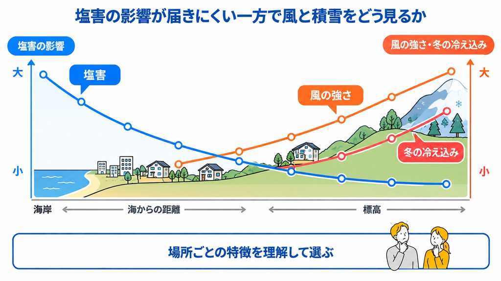 塩害の影響が届きにくい一方で風と積雪をどう見るか